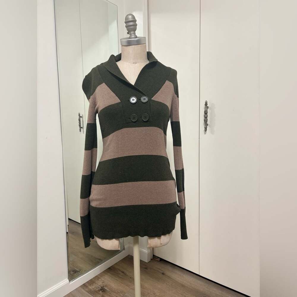 Pink Rose Striped Shawl Collar Bodycon Sweater Green Taupe Button Detail Small